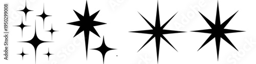 A collection of various black star icons and sparkling glint shapes for decorative graphic design Vector