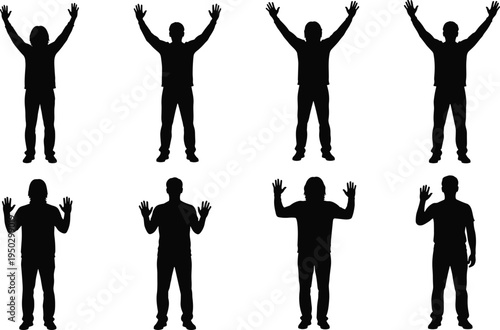Vector silhouette collection of people with hands up and waving, male and female figures in various success celebration poses isolated on white background illustration