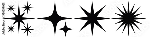 A collection of various black star and sparkle shapes designed as simple vector graphic elements Vector