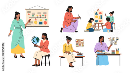 Creative Teaching Moments: A vibrant compilation showcases a diverse instructor imparting knowledge and inspiration across varied subjects and creative endeavors.