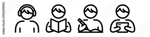 Set of four linear icons representing people engaged in various activities like listening and study Vector