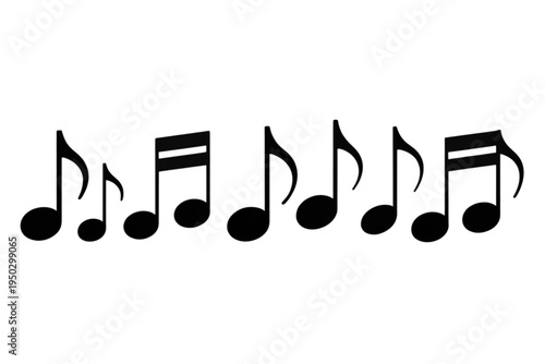 A collection of various black music note symbols arranged in a horizontal line for composition Vector