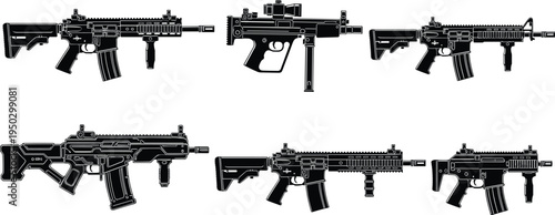 Vector silhouette collection of modern tactical assault rifles and submachine guns, military weapon set with scopes and grips isolated on white background illustration