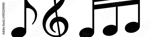 A collection of black musical symbols including a treble clef and two distinct music note shapes Vector