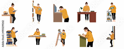 Set of illustrations showing a female student in various poses reading, writing, and studying with books in a library or home office setting.