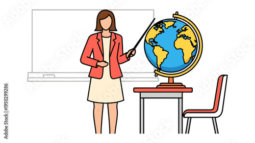 School Lesson: A teacher points at a globe, illustrating the continents and oceans to a class during geography lessons, offering a visual approach to learning, and opening a new world of knowledge.