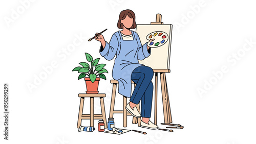 The Artist's Muse: An artist finds inspiration, perched before an easel, brush in hand, with a palette of vibrant colors, ready to transform a blank canvas.