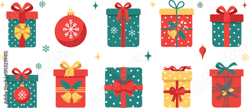 Flat vector illustration set of Christmas gift boxes and ornaments with ribbons holly and snowflakes for winter holiday celebration and seasonal greeting designs