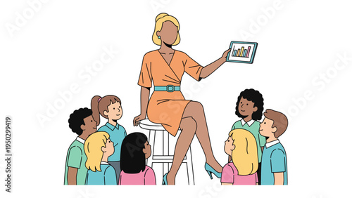 Empowering Education: A dedicated teacher leads a group of attentive children in a captivating lesson, fostering a collaborative learning atmosphere.