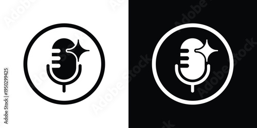 Modern outline microphone icon featuring a sparkle element. Vector graphic for high-quality audio, voice enhancement, and premium podcasting services. Clean stroke style for UI design.