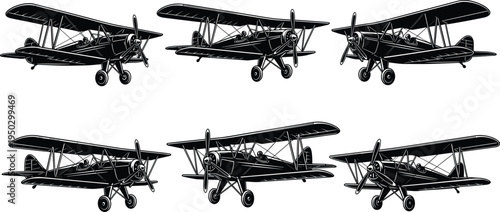 Vintage biplane silhouette vector collection, antique propeller airplane illustration set, retro aviation aircraft design elements in black and white isolated on white background