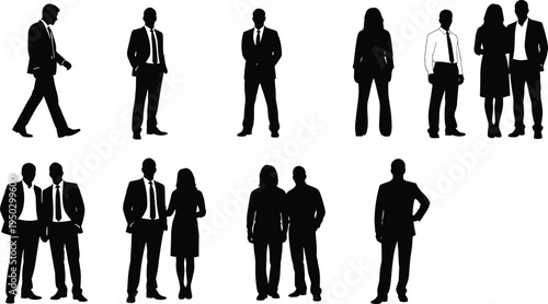 business, people, silhouettes, corporate, professionals, team, office, workers, standing, group, leadership, management, businesspeople, isolated, black, illustration, set, teamwork, company, staff