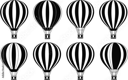 Vintage hot air balloon silhouette vector collection, black and white striped aerostat set, retro aviation flight transport icons isolated on white background for design