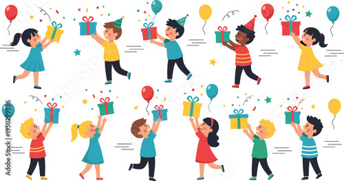 Flat vector illustration set of happy diverse children holding gift boxes with balloons and confetti for birthday party celebration and holiday surprise designs