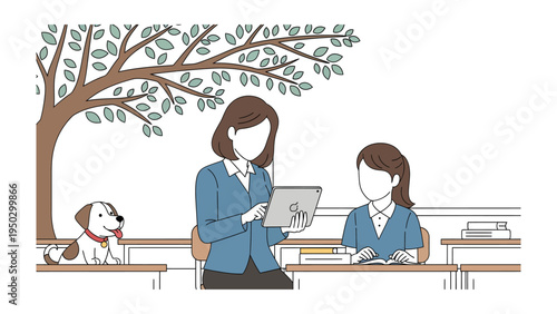 Learning Under the Shade: A teacher and student are engaged in an educational experience under the shade of a tree, with a playful dog beside them.