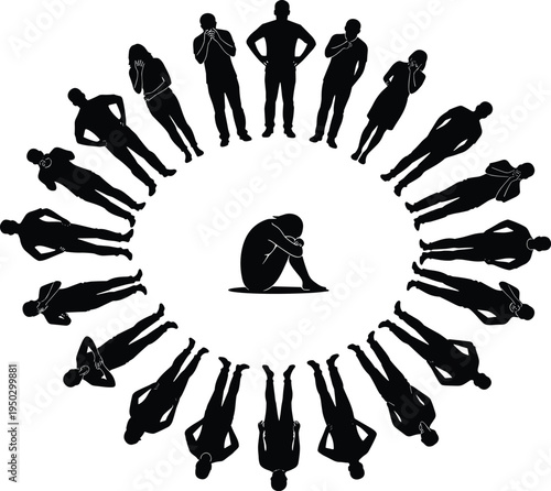 Cyberbullying and social pressure concept silhouettes, group surrounding sad person, isolation, harassment, mental health awareness illustration design