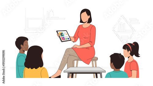 Digital Education: A teacher demonstrates technology to eager students, presenting educational content on a tablet in an interactive learning environment.