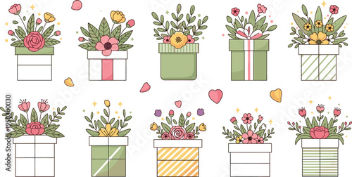 Kawaii flat line vector illustration set of spring flower bouquets in gift boxes with leaves and blossoms for romantic floral celebration designs