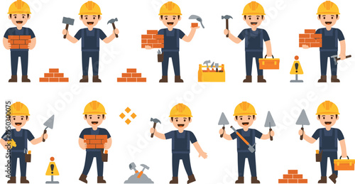 Construction worker character set with hard hat tools and bricks in flat vector style for building maintenance renovation and professional service designs