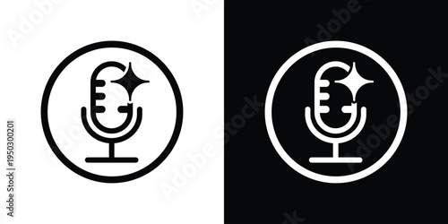 Modern outline microphone icon featuring a sparkle element. Vector graphic for high-quality audio, voice enhancement, and premium podcasting services. Clean stroke style for UI design.