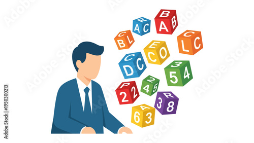 Thoughtful Expression: Illustration of a focused individual surrounded by floating letter and number cubes, symbolizing idea generation and cognitive exploration. 