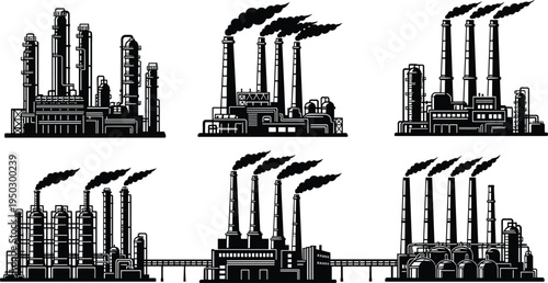 factory, industry, plant, refinery, smoke, chimney, manufacturing, industrial, pollution, power, energy, silhouette, building, isolated, vector, production, engineering, facility, infrastructure, set