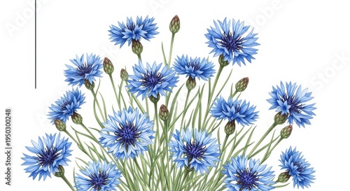 A detailed watercolor illustration of beautiful blue cornflowers with green stems and small buds