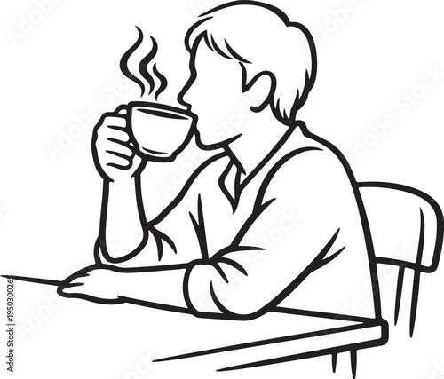 Man sitting at table drinking hot coffee or tea from a cup