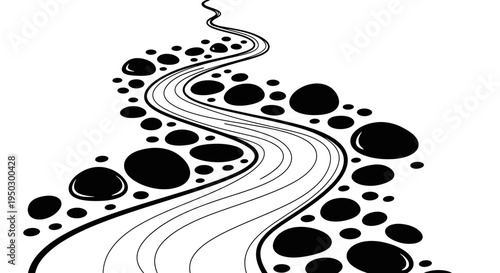 Winding Curved Road or Path with Abstract Stones and Boulders, Isolated White Background, Journey Concept