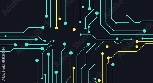 Abstract Electronic Circuit Board with Glowing Lines and Dots on Dark Background, Technology Network Concept