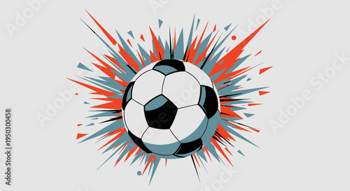 Dynamic Soccer Ball Bursting with Red and Blue Shards on a Light Grey Background