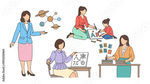 Illustrative Moments of Education: A collection of diverse illustrations showing educator teaching children using multiple tools to share knowledge and create their world.
