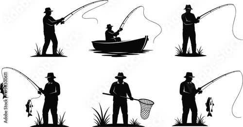 Fishing silhouette collection, fisherman catching fish with rod, lake boat fishing scene, angler activity illustration, outdoor sport hobby vector set