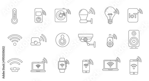 Internet of Things (IoT) and smart home technology line icons set, including devices like camera, light, and thermometer, on a white background.