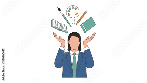 Creative Professional's Vision: An illustration depicts a professional with outstretched hands, visualizing the essence of artistic tools, signifying inspiration and the creative process.