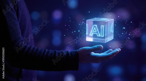 A person holding a glowing digital cube with AI text representing artificial intelligence and future technology.
