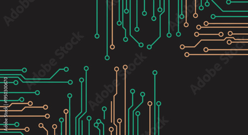 Abstract circuit board design with green and orange electronic pathways on a dark background