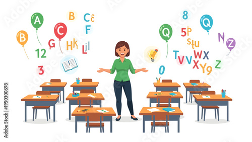Teacher in the Classroom: An educator stands in a classroom filled with desks, letters, and numbers floating in the air, symbolizing the learning process.