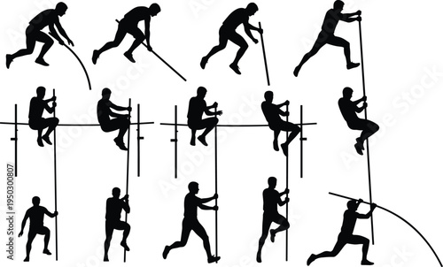 Vector set of black pole vaulting silhouettes featuring athletes in various jumping, running, and climbing poses for sports competition and athletic graphic designs.