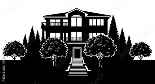 Elegant silhouette of a large luxurious house with trees and grand stairs, representing real estate.