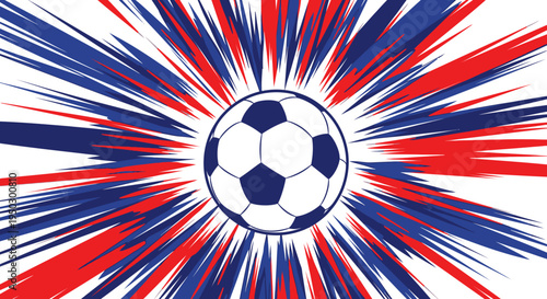 Dynamic soccer ball with red and blue speed lines effect, celebrating sport competition.