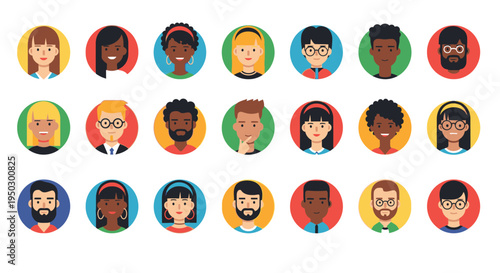 Group of Diverse Multi-Ethnic User Avatars in Colorful Circles, Representing a Global Online Community, on an Isolated White Background