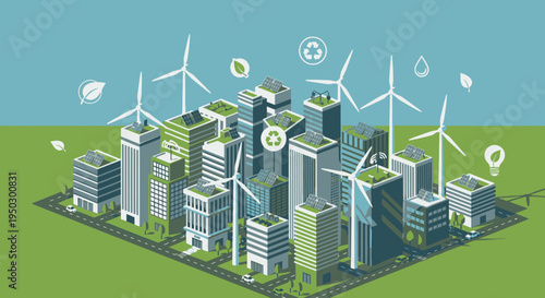 Isometric Green Smart City Landscape with Sustainable Buildings, Wind Turbines, and Solar Panels, Highlighting Eco-Friendly Urban Design