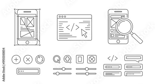 Web development, coding, UI/UX design, and mobile app interface line icons set, on a white background.