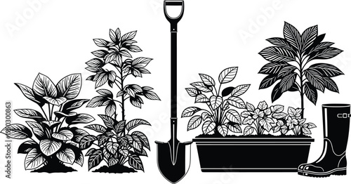 Gardening tools and plants illustration with shovel, planter box, foliage plants and rubber boots, home garden vector design
