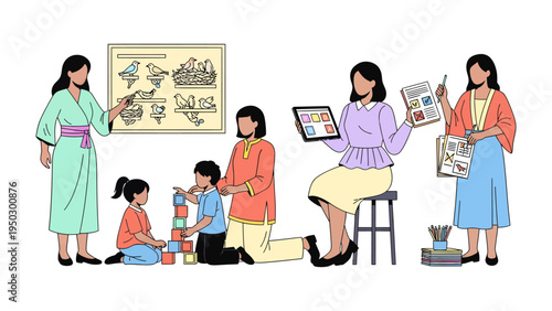 Early Education Illustration: Depicting educators engaged in a range of activities.