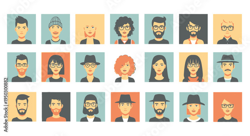 Set of Diverse Male and Female User Avatars with Various Hairstyles and Accessories, on an Isolated White Background