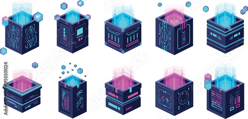 Futuristic isometric cyberpunk cube set with glowing neon blue and pink circuit patterns for high-tech data storage and virtual reality gaming interface design.
