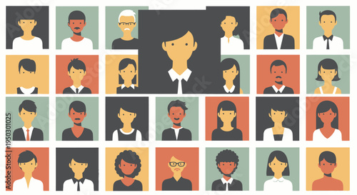 Grid of Diverse Flat Design Avatars of Men and Women with Central Female Figure on Pastel Backgrounds