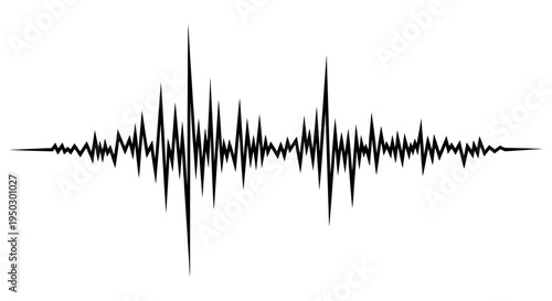 Abstract sound wave audio spectrum visualization in black and white, isolated white background.